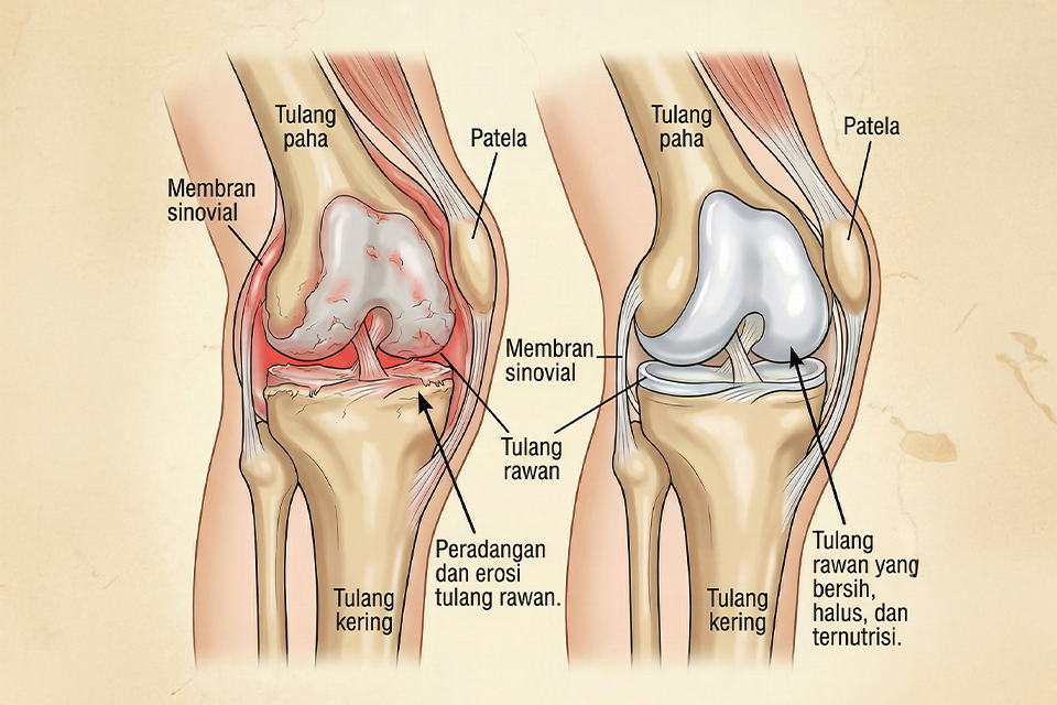 Diagram medis perbandingan sendi lutut — di kiri tulang rawan yang meradang dan terkikis, di kanan tulang rawan yang bersih, halus, dan ternutrisi