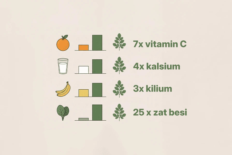 Infografis perbandingan nutrisi daun kelor yang kaya akan vitamin C, kalsium, kalium, dan zat besi dibandingkan dengan jeruk, susu, pisang, dan bayam