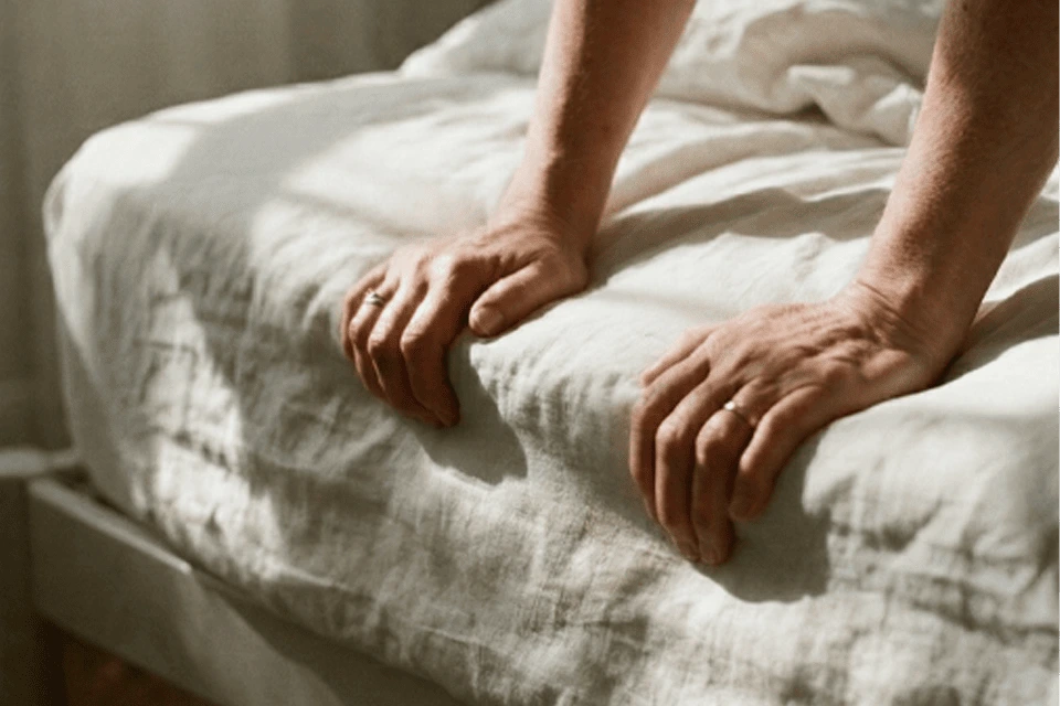 Detail tangan lansia beristirahat di atas tempat tidur linen putih yang bersih mencerminkan kenyamanan dan pemulihan tubuh yang tenang