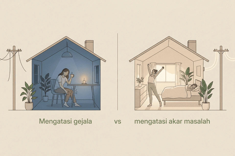 Ilustrasi perbandingan antara sekadar meredakan gejala kesehatan dengan mengatasi akar masalah melalui pemulihan sistem internal tubuh secara menyeluruh